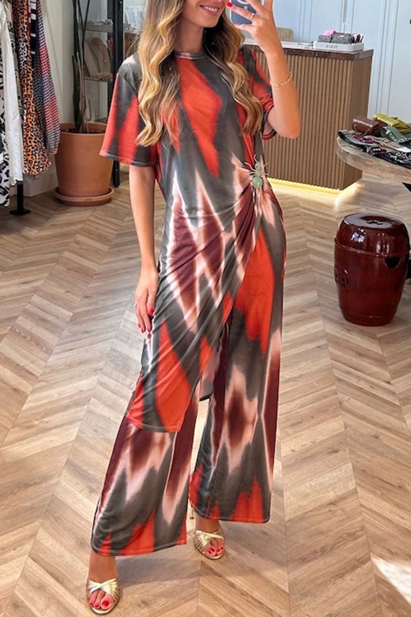 Ensemble deux pièces décontracté pour femme, haut fendu et pantalon tie-dye