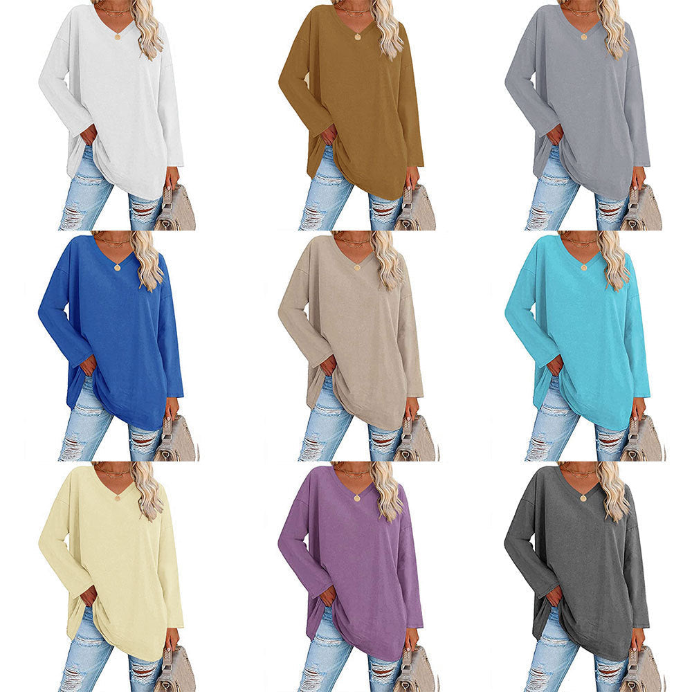 Locker geschnittenes Damen-Langarm-Modetop mit V-Ausschnitt (3 kaufen, kostenloser Versand)