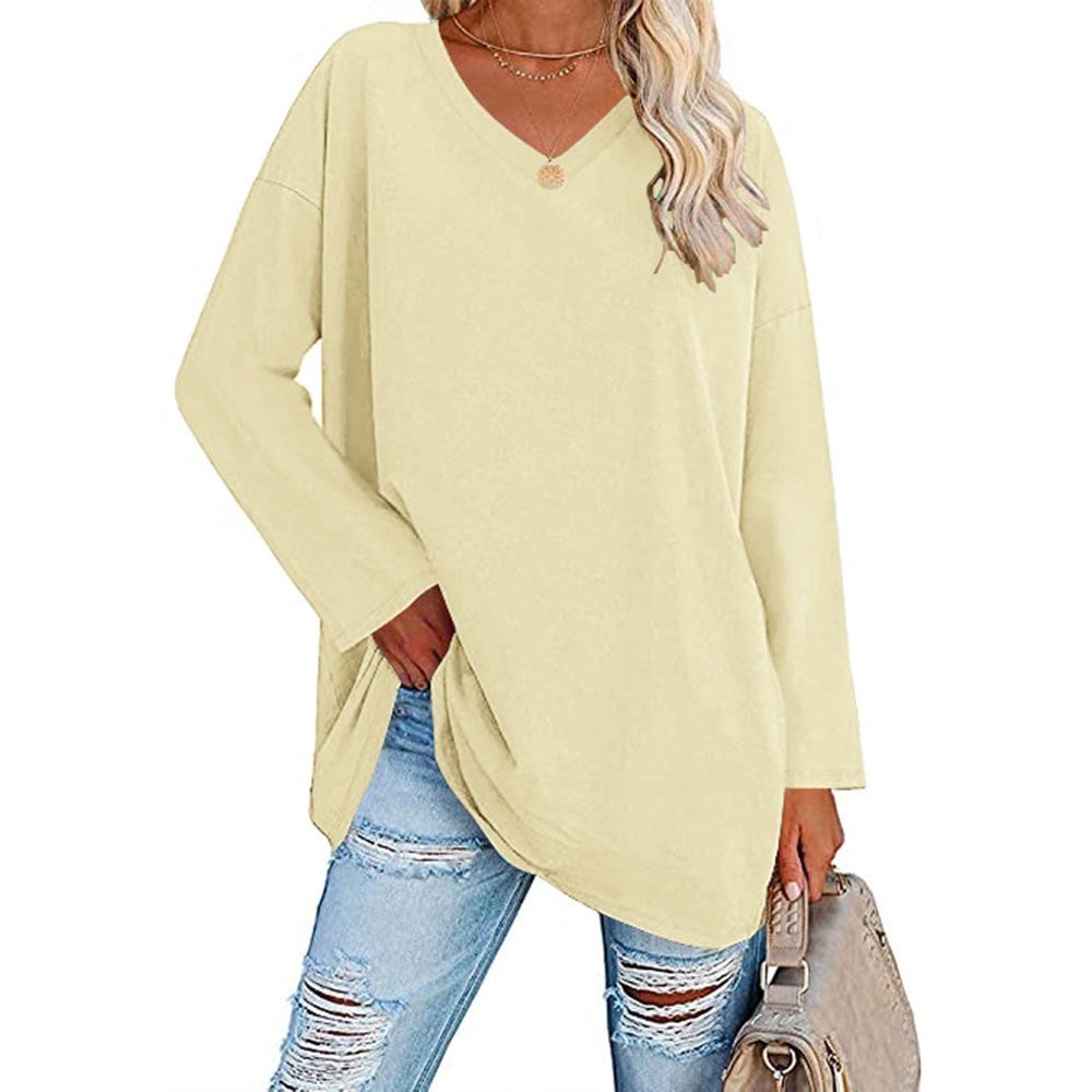 Locker geschnittenes Damen-Langarm-Modetop mit V-Ausschnitt (3 kaufen, kostenloser Versand)