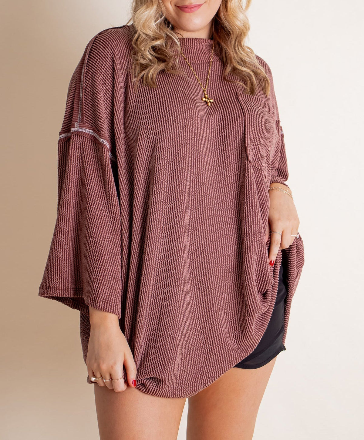 Oversize urbaner Rippstrick-Longpullover mit hohem Kragen (2 kaufen, kostenloser Versand)