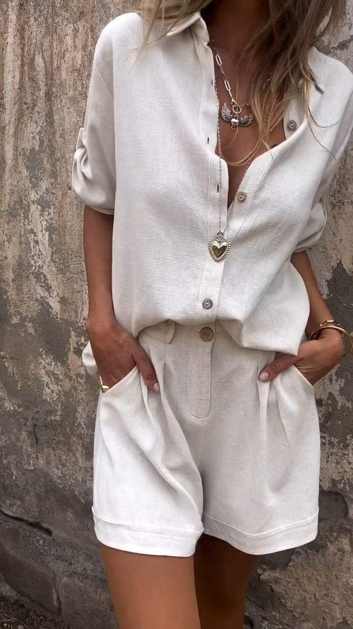 Ensemble chemise à revers en coton et lin à manches mi-longues (Achetez-en 2, livraison gratuite)
