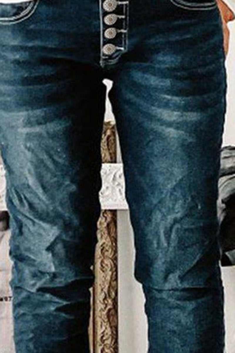 Button Up Roll Hem Straight Leg Jeans
