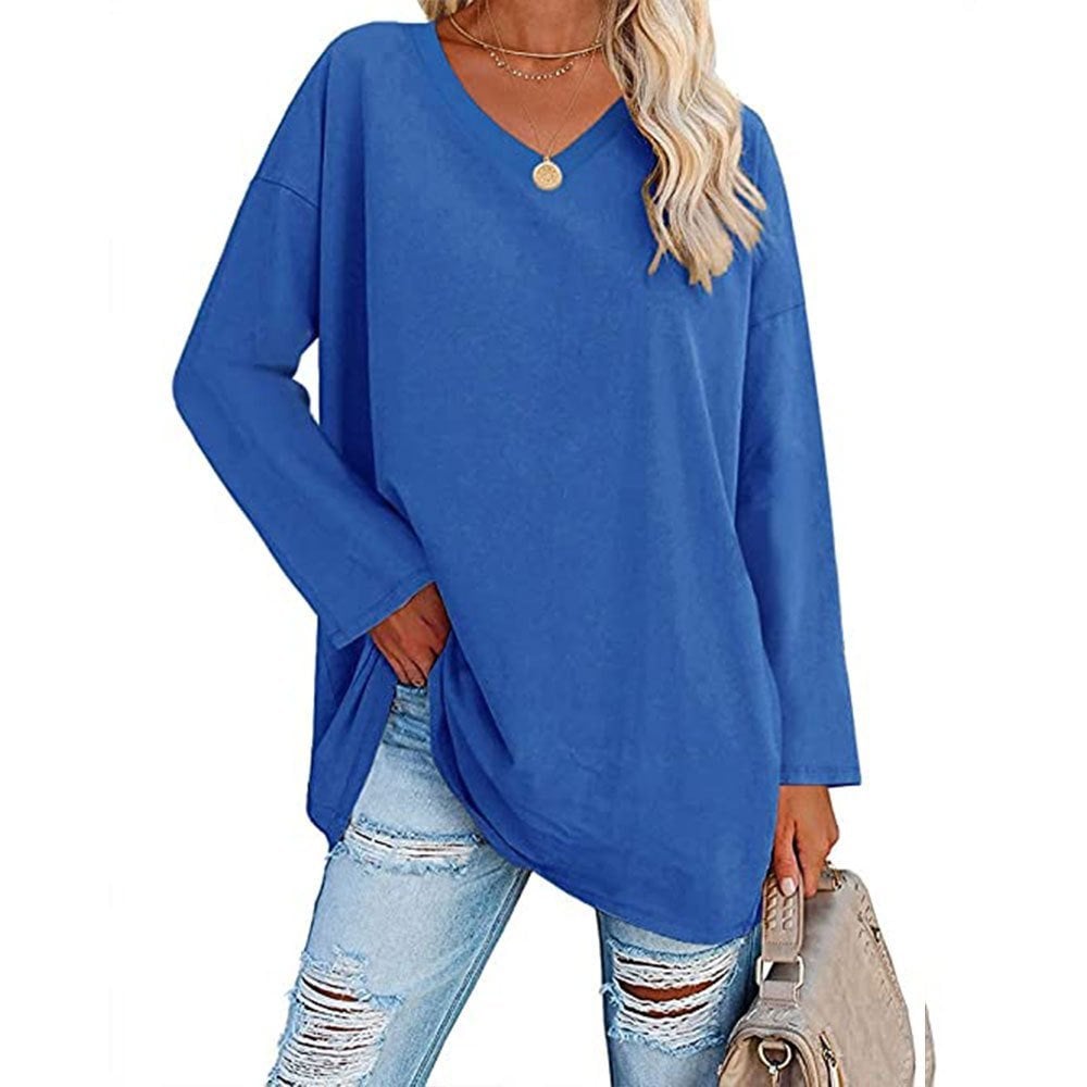 Locker geschnittenes Damen-Langarm-Modetop mit V-Ausschnitt (3 kaufen, kostenloser Versand)