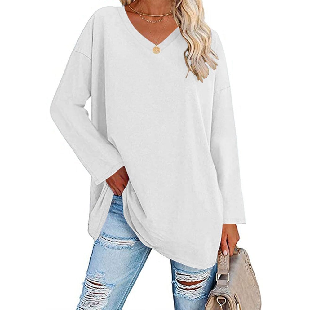 Locker geschnittenes Damen-Langarm-Modetop mit V-Ausschnitt (3 kaufen, kostenloser Versand)