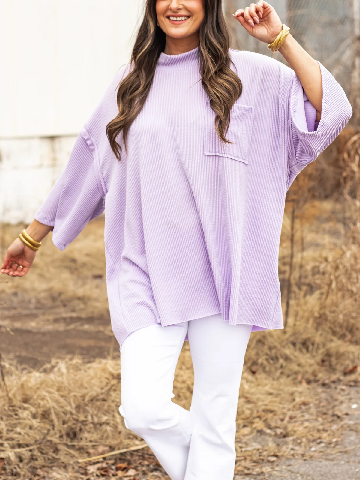 Oversize urbaner Rippstrick-Longpullover mit hohem Kragen (2 kaufen, kostenloser Versand)