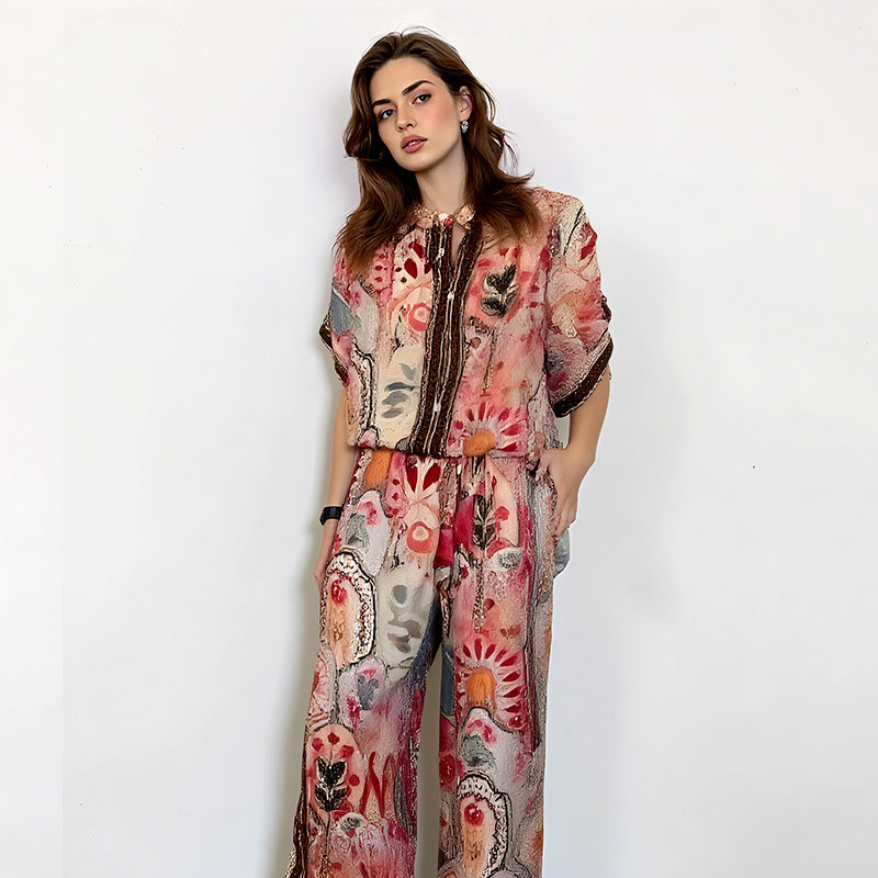 ⏳Zeitlich begrenztes Angebot⏰Damen-Set mit bedrucktem Top und weiter Hose, 2-teilig