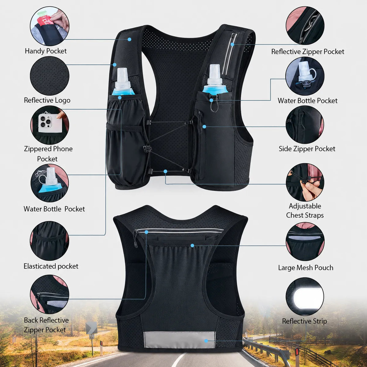 Leichte Lauf-Trinkweste mit 9 Taschen & verstellbarer Passform