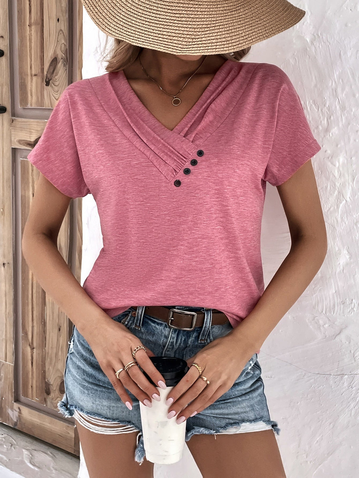 T-Shirt mit V-Ausschnitt und Knopfdetail (3 kaufen, kostenloser Versand)
