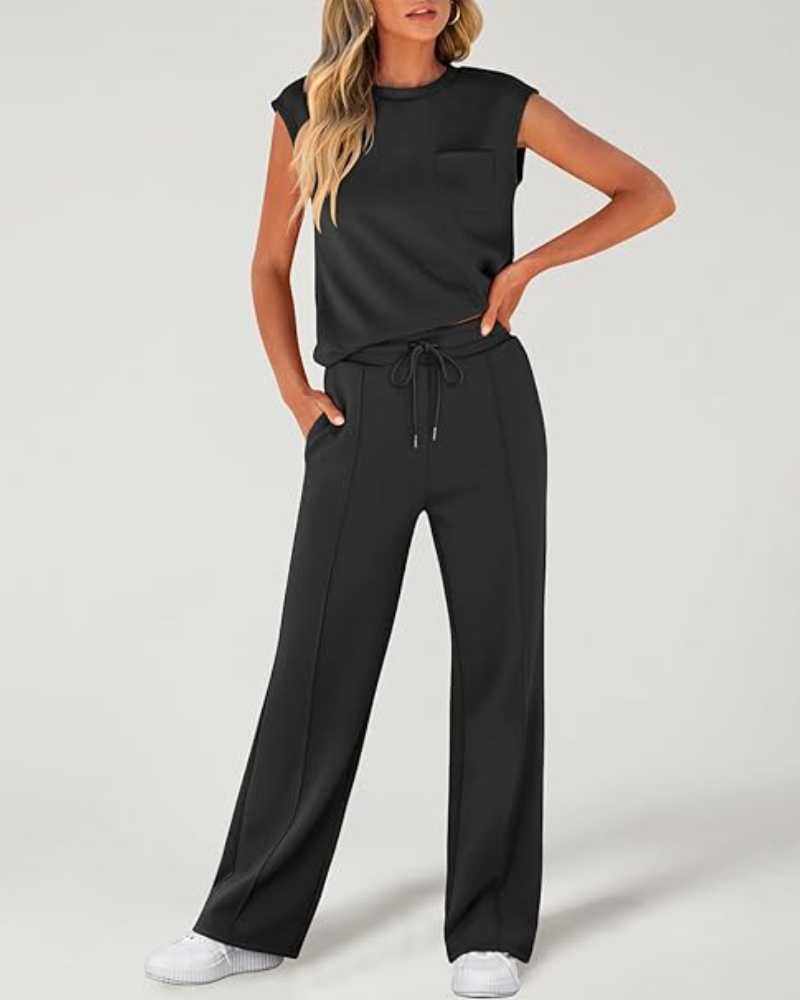 Damen-Tanktop und Hose mit weitem Bein und Kordelzug, zweiteiliges Set