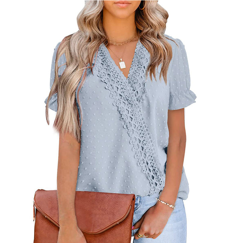 Chiffon-Bluse mit Spitzenkugel, V-Ausschnitt und kurzen Ärmeln