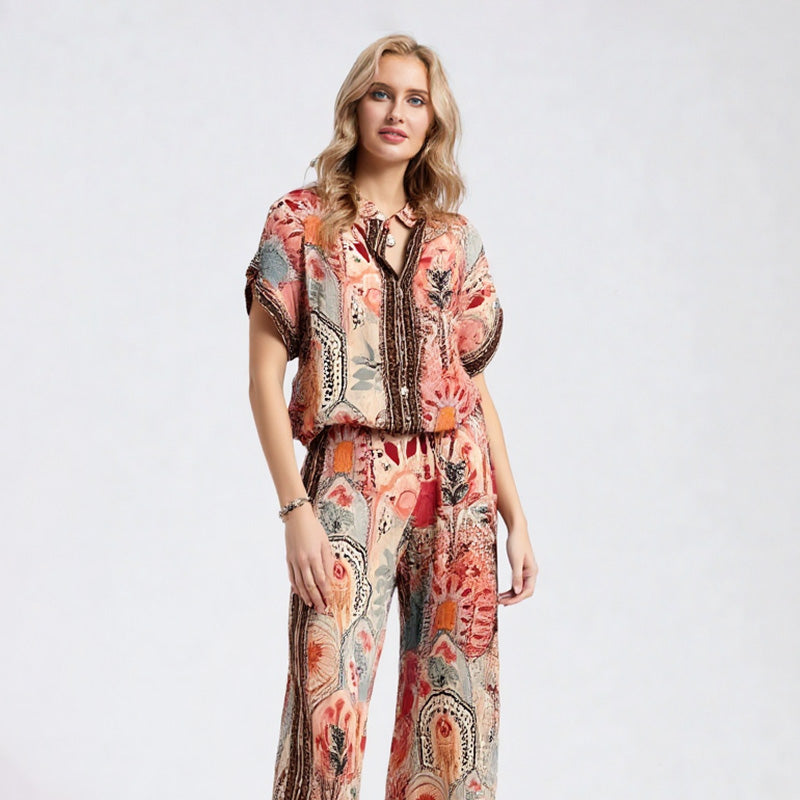 ⏳Zeitlich begrenztes Angebot⏰Damen-Set mit bedrucktem Top und weiter Hose, 2-teilig