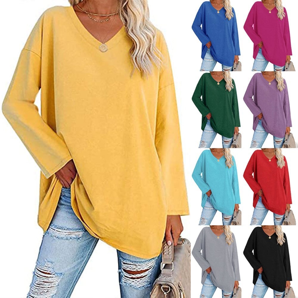 Locker geschnittenes Damen-Langarm-Modetop mit V-Ausschnitt (3 kaufen, kostenloser Versand)