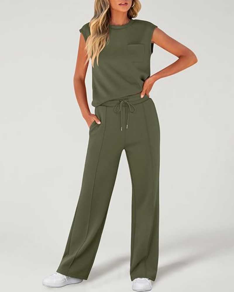 Damen-Tanktop und Hose mit weitem Bein und Kordelzug, zweiteiliges Set