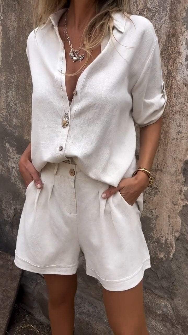 Ensemble chemise à revers en coton et lin à manches mi-longues (Achetez-en 2, livraison gratuite)