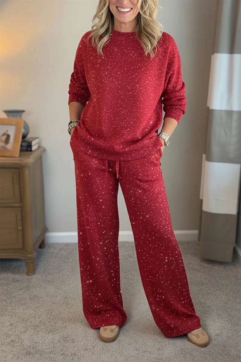 🎄 Neu eingetroffen!🔥 Kuscheliger Reise-Sweatshirt mit Rundhalsausschnitt und glänzende Hose, 2-teiliges Set