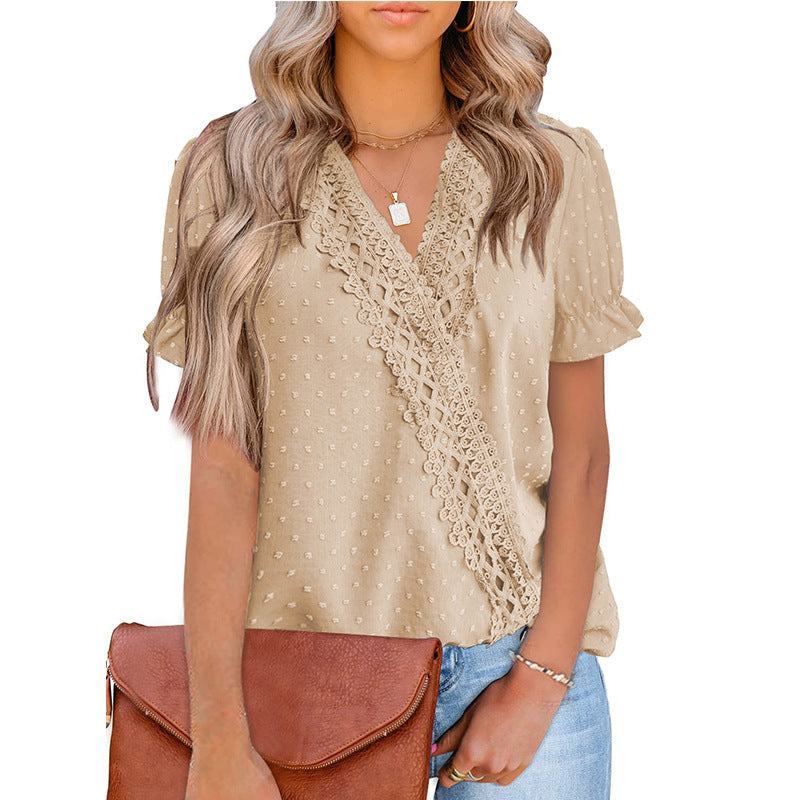 Chiffon-Bluse mit Spitzenkugel, V-Ausschnitt und kurzen Ärmeln