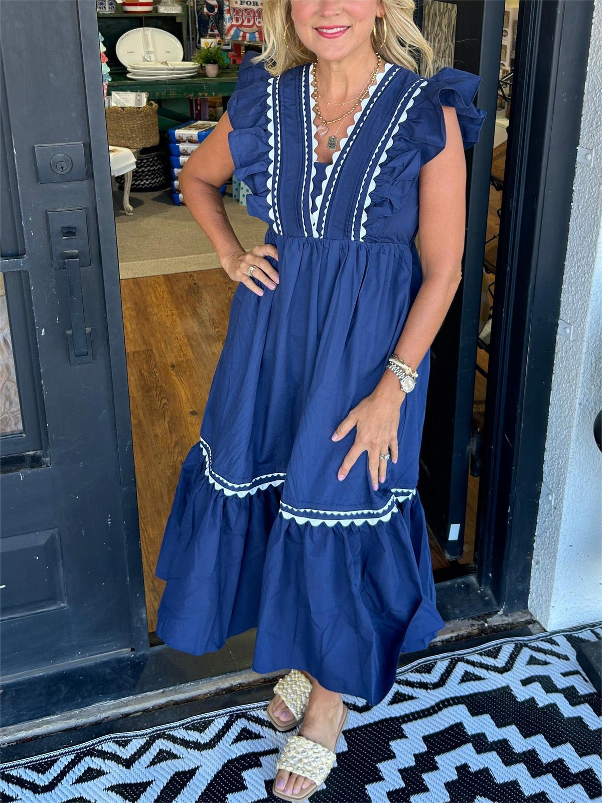 Damen-Maxikleid mit V-Ausschnitt und Rüschenärmeln (2 kaufen, Versand gratis)