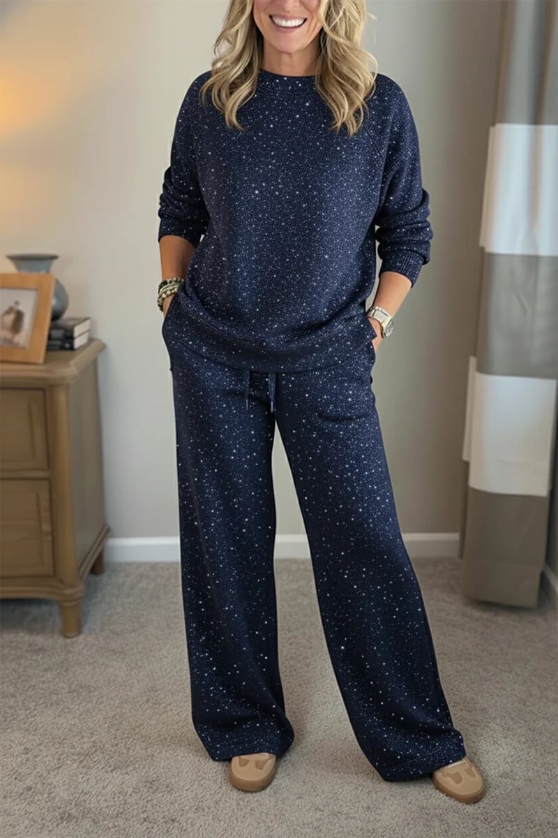 🎄 Neu eingetroffen!🔥 Kuscheliger Reise-Sweatshirt mit Rundhalsausschnitt und glänzende Hose, 2-teiliges Set