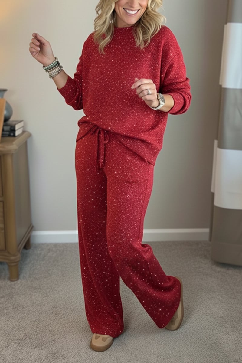 🎄 Neu eingetroffen!🔥 Kuscheliger Reise-Sweatshirt mit Rundhalsausschnitt und glänzende Hose, 2-teiliges Set