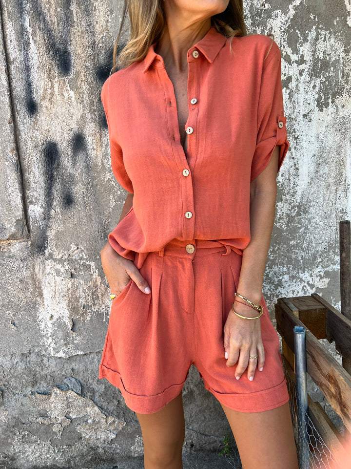 Ensemble chemise à revers en coton et lin à manches mi-longues (Achetez-en 2, livraison gratuite)