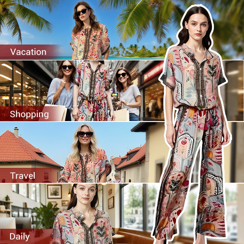 ⏳Zeitlich begrenztes Angebot⏰Damen-Set mit bedrucktem Top und weiter Hose, 2-teilig