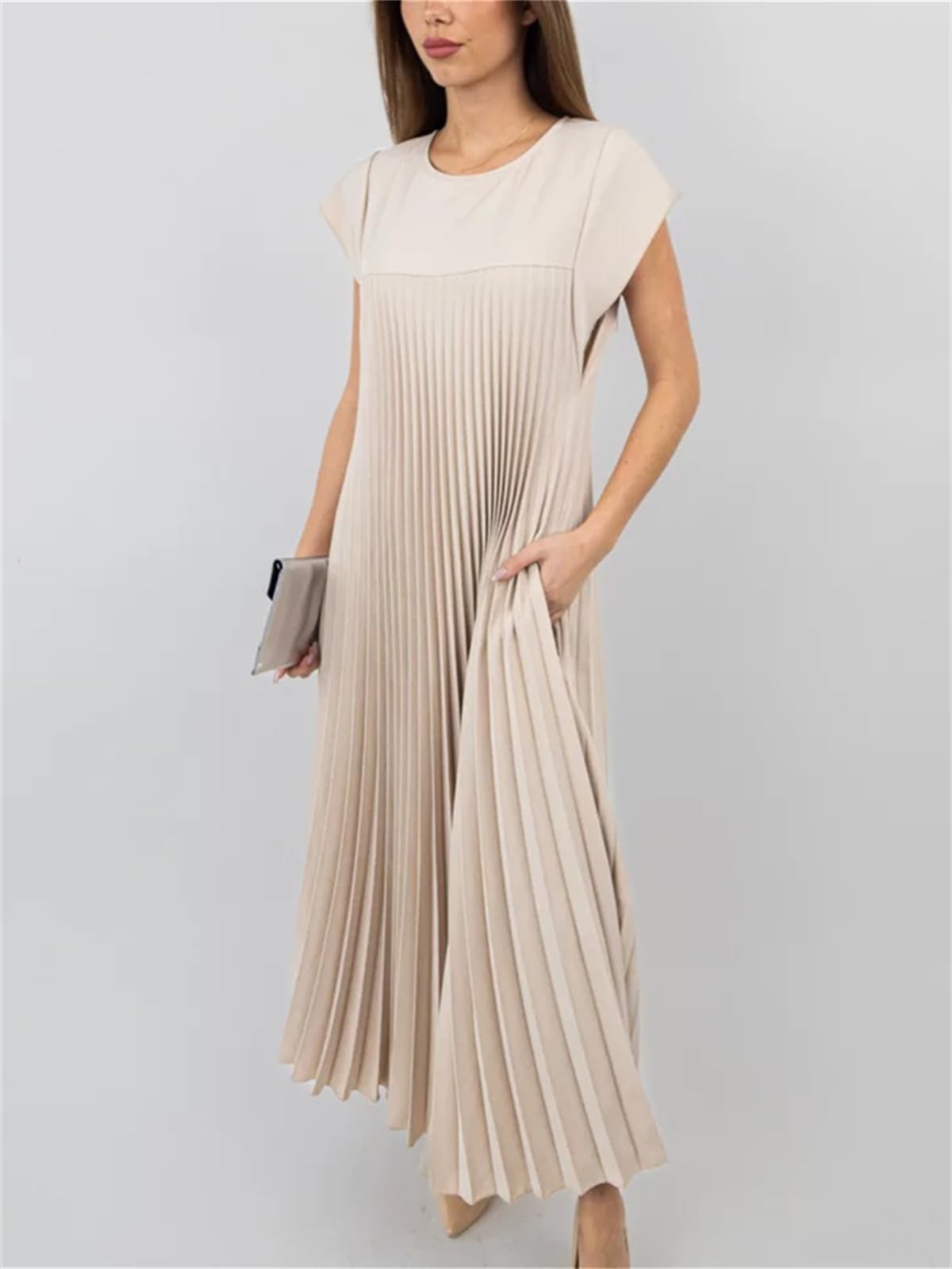 Fließendes Maxikleid für Damen mit Flügelärmeln und Plisseefalten (2 kaufen, Versand gratis)