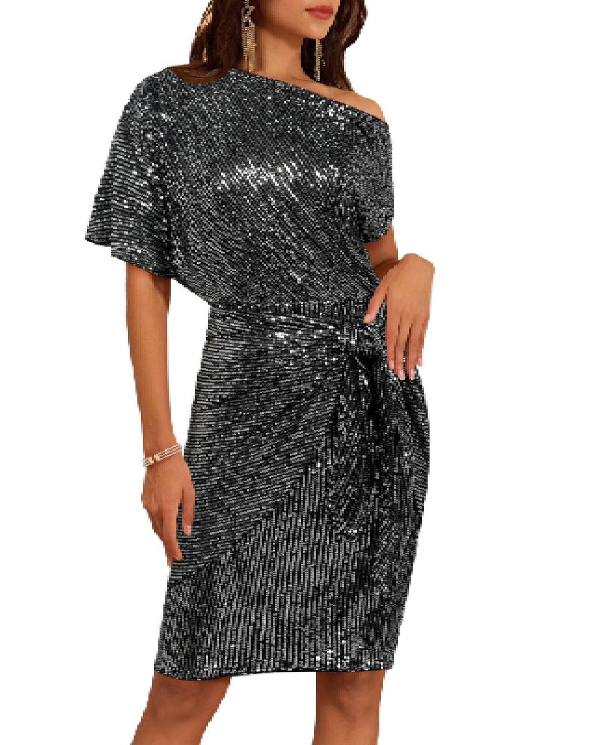 Damen-Bodycon-Kleid mit Pailletten und schulterfreiem Ausschnitt (2 kaufen, Versand gratis)