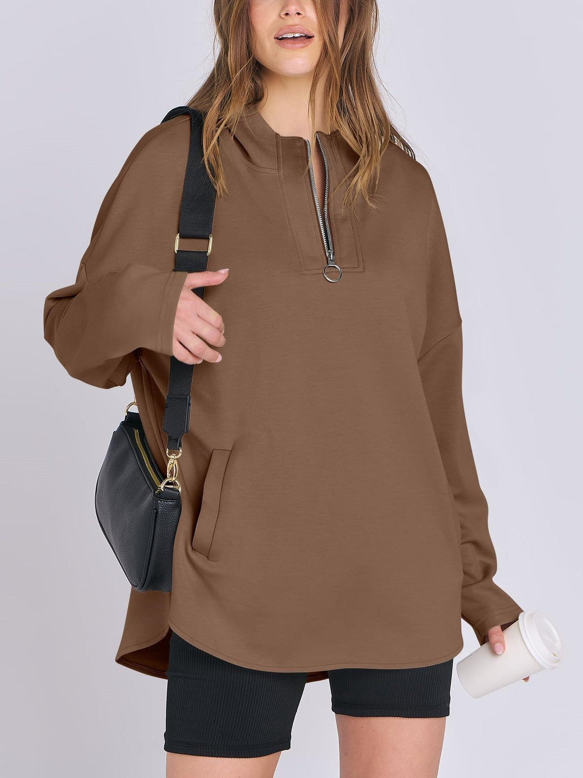 Sweat à capuche tunique surdimensionné à col zippé pour femme (achetez-en 2, livraison gratuite)