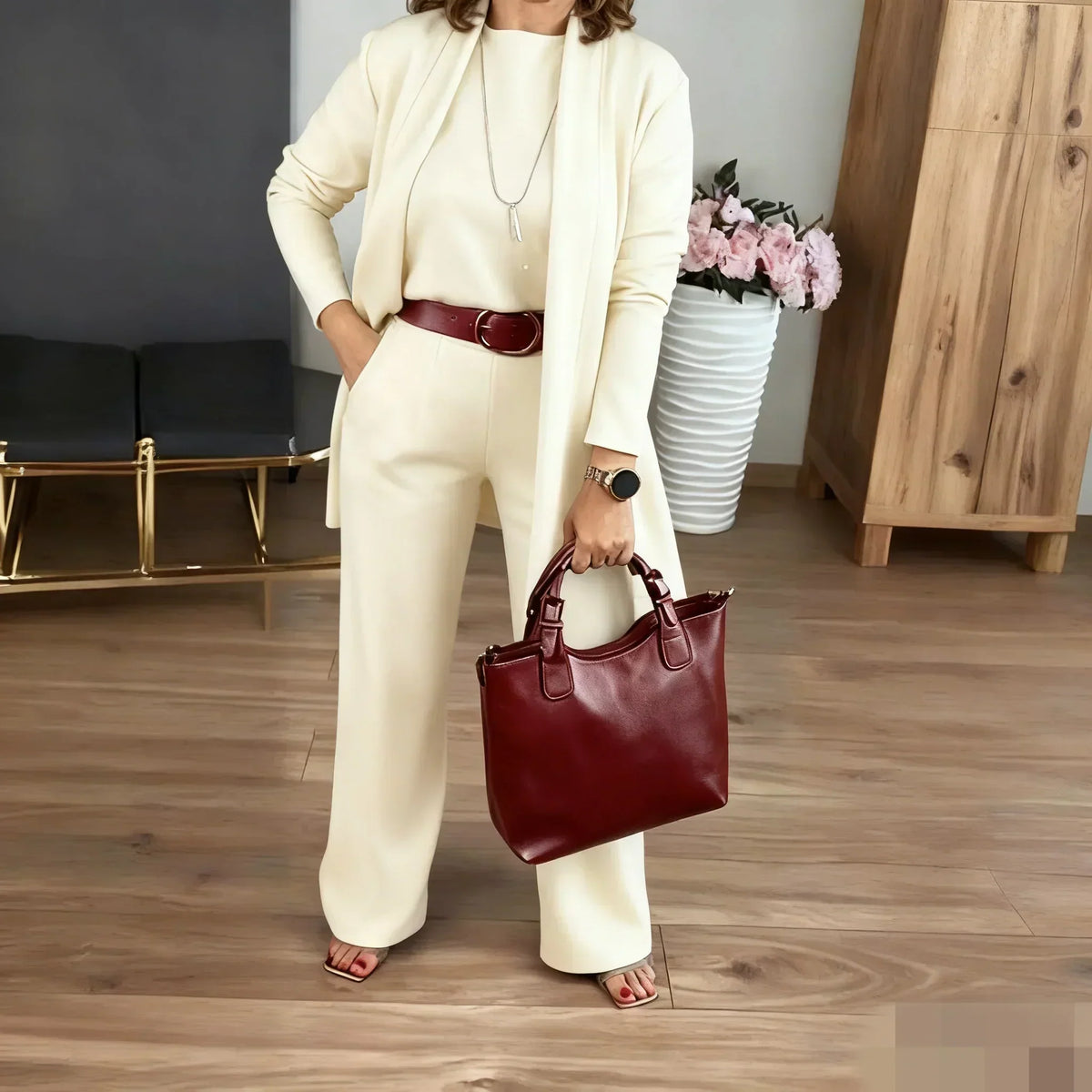 Elegantes Longline-Cardigan- & Top- & Hosen-3-Teile-Set