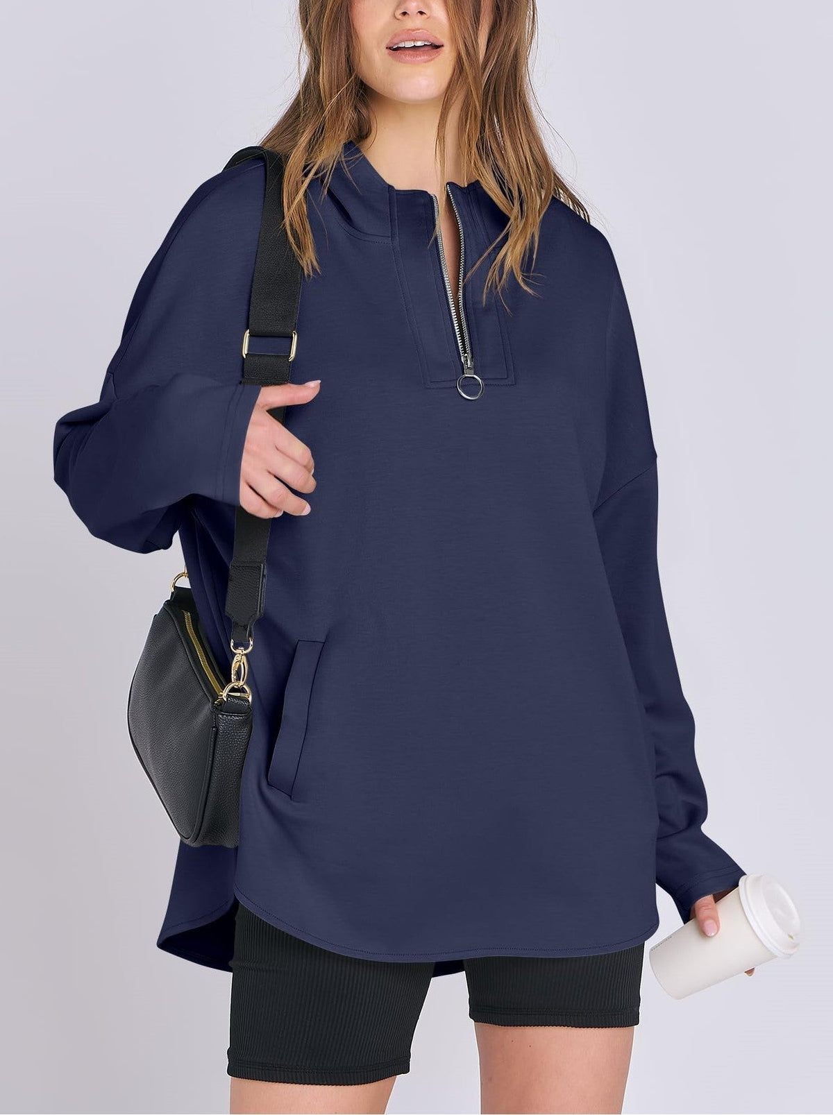 Sweat à capuche tunique surdimensionné à col zippé pour femme (achetez-en 2, livraison gratuite)