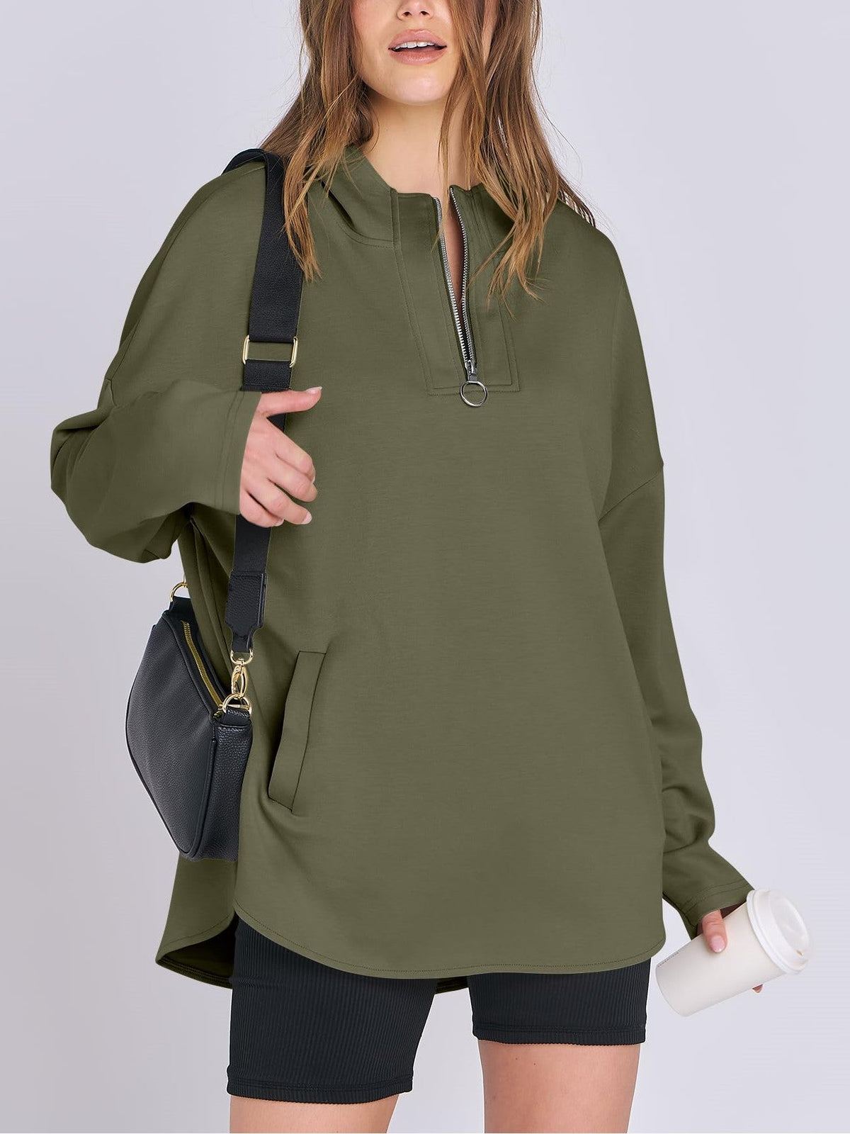 Sweat à capuche tunique surdimensionné à col zippé pour femme (achetez-en 2, livraison gratuite)