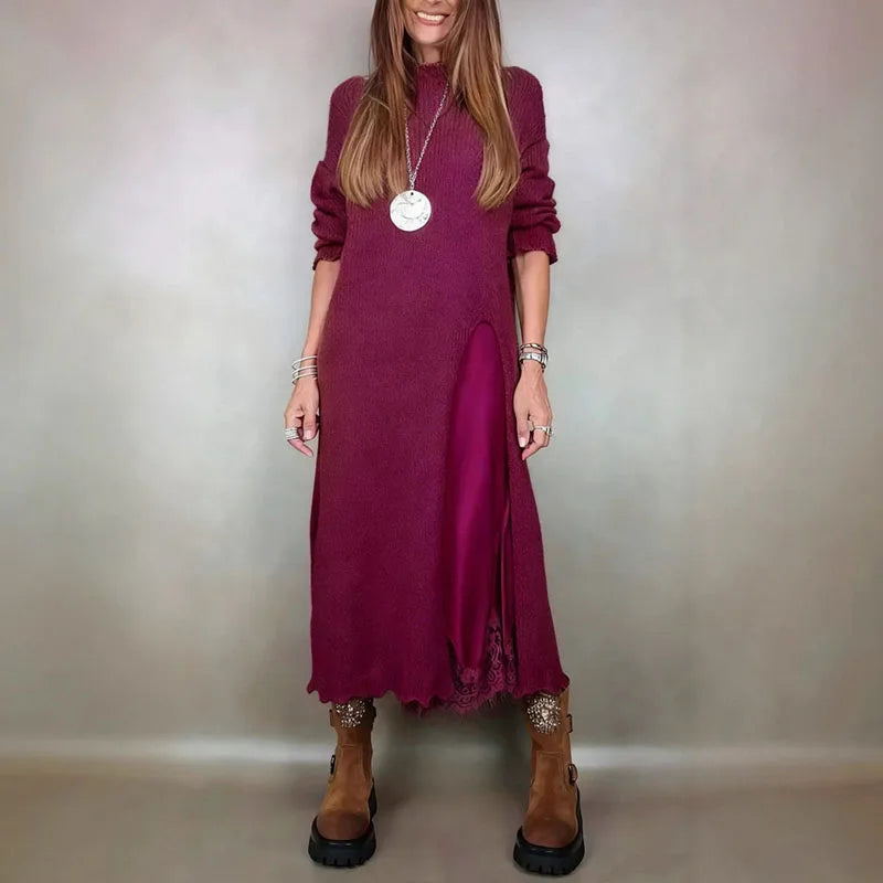 Bezauberndes Satin-Kleid und handgestricktes Langarmpullover-Set