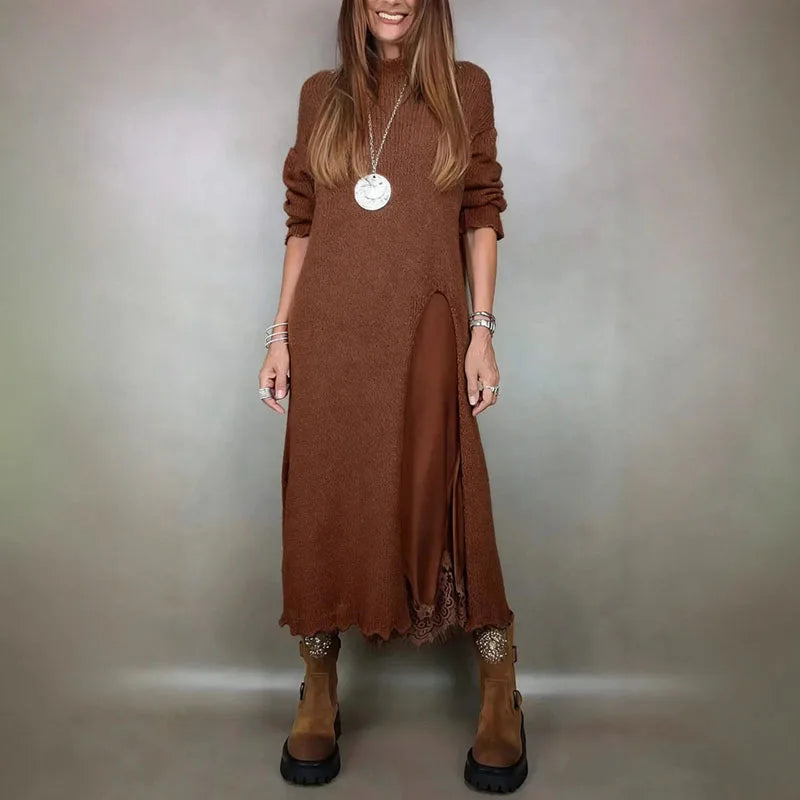 Bezauberndes Satin-Kleid und handgestricktes Langarmpullover-Set