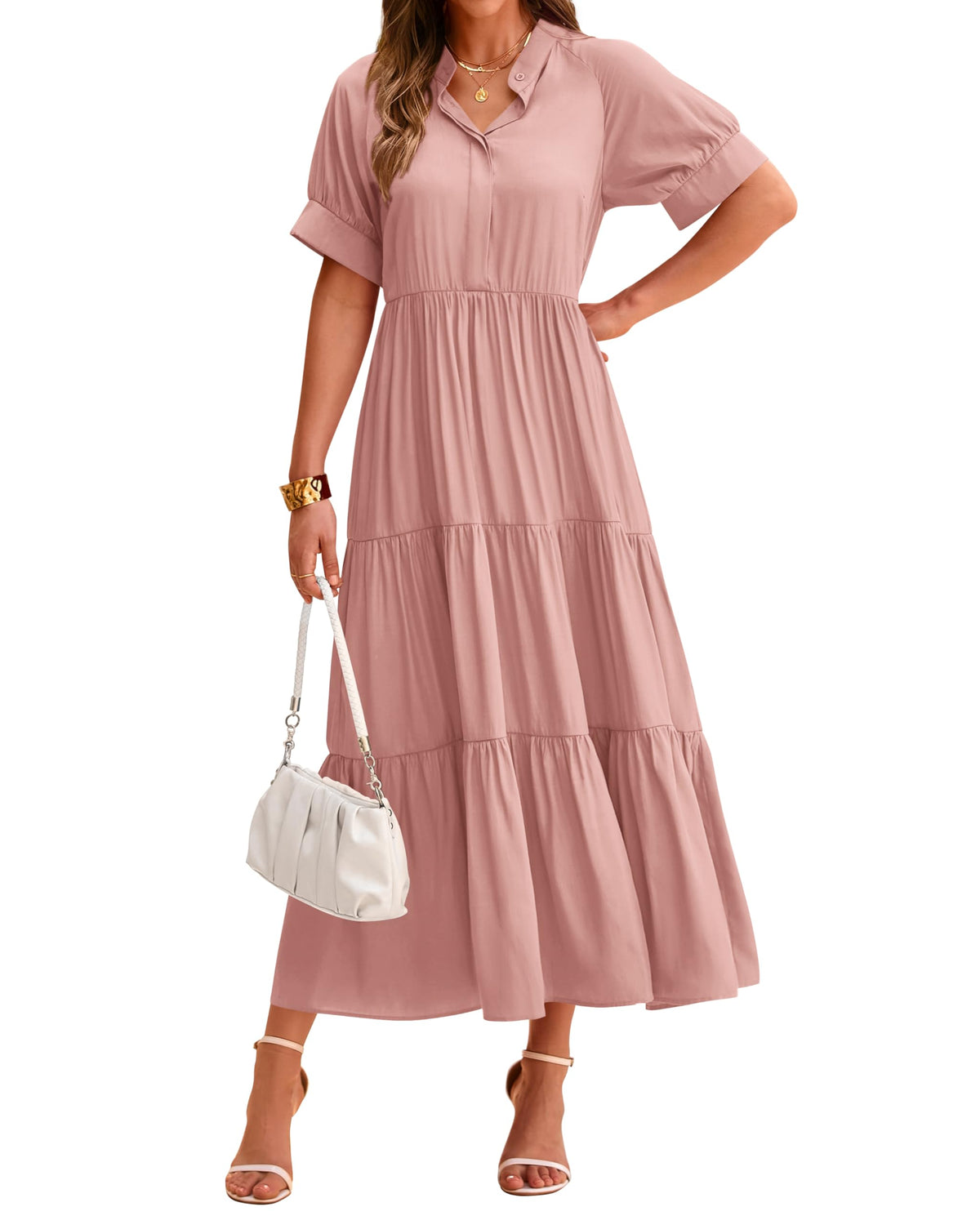 Lässiges, plissiertes, gestuftes Damen-Midikleid mit Kurzarm und Knopfleiste (2 kaufen, Versand gratis)