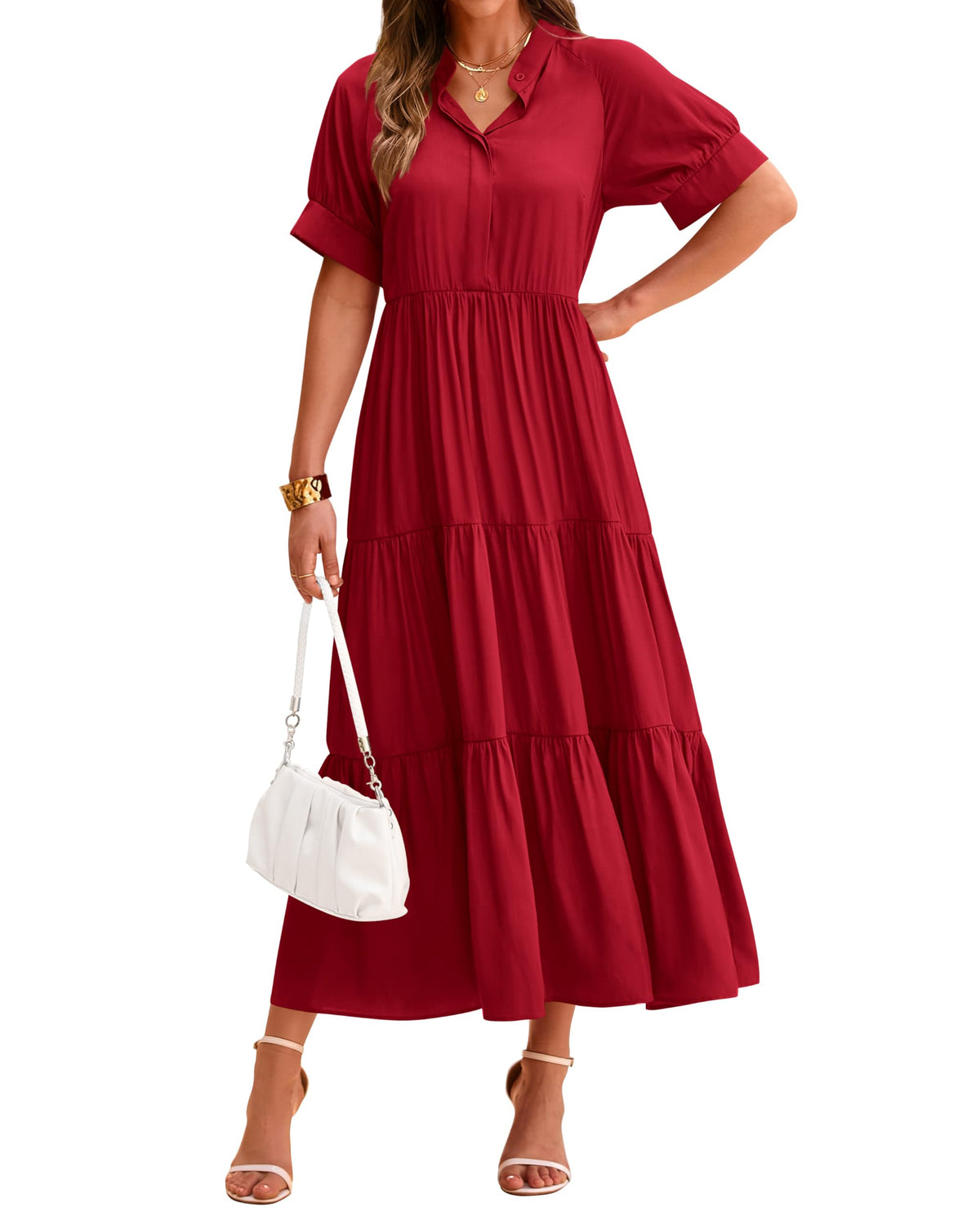 Lässiges, plissiertes, gestuftes Damen-Midikleid mit Kurzarm und Knopfleiste (2 kaufen, Versand gratis)