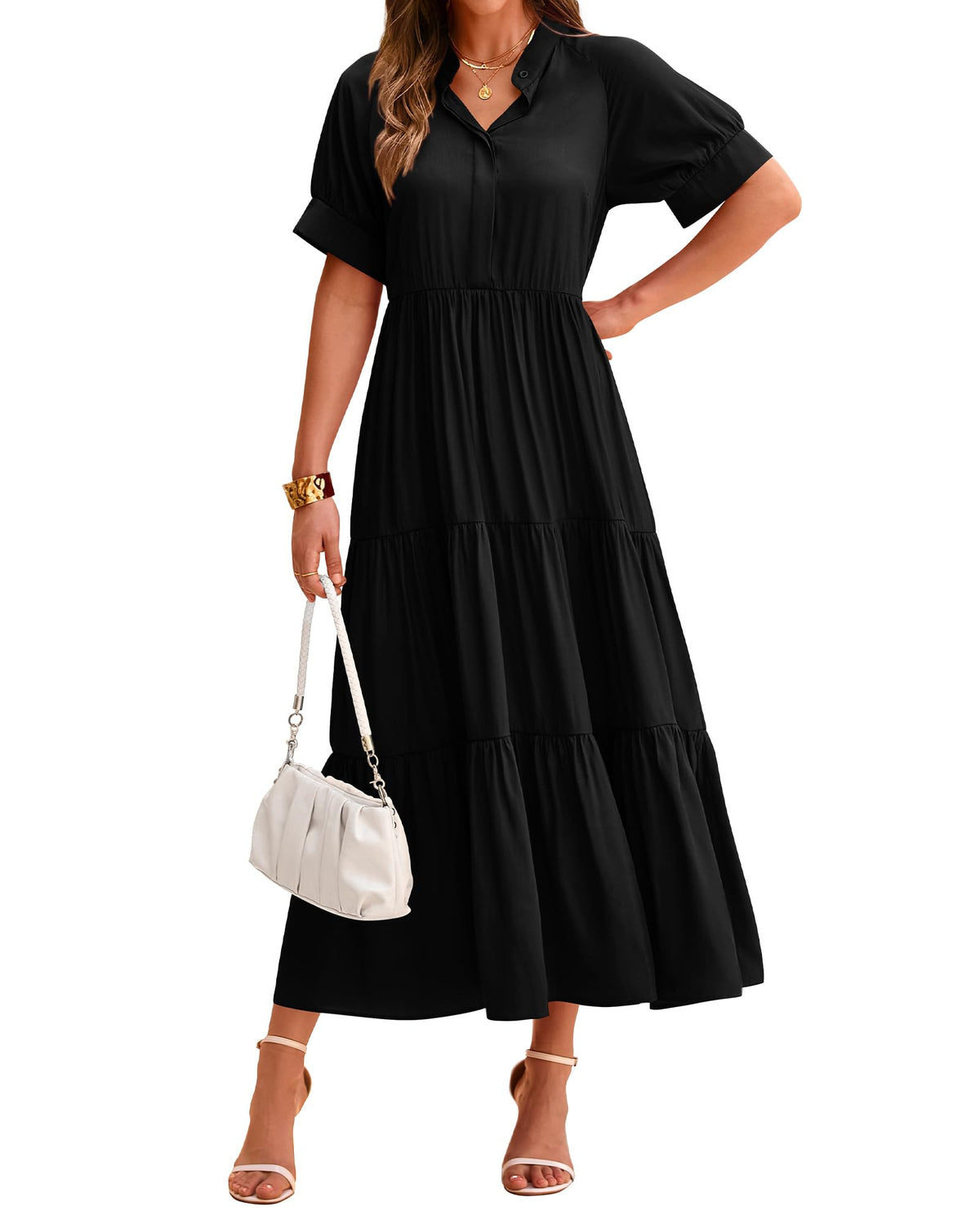Lässiges, plissiertes, gestuftes Damen-Midikleid mit Kurzarm und Knopfleiste (2 kaufen, Versand gratis)