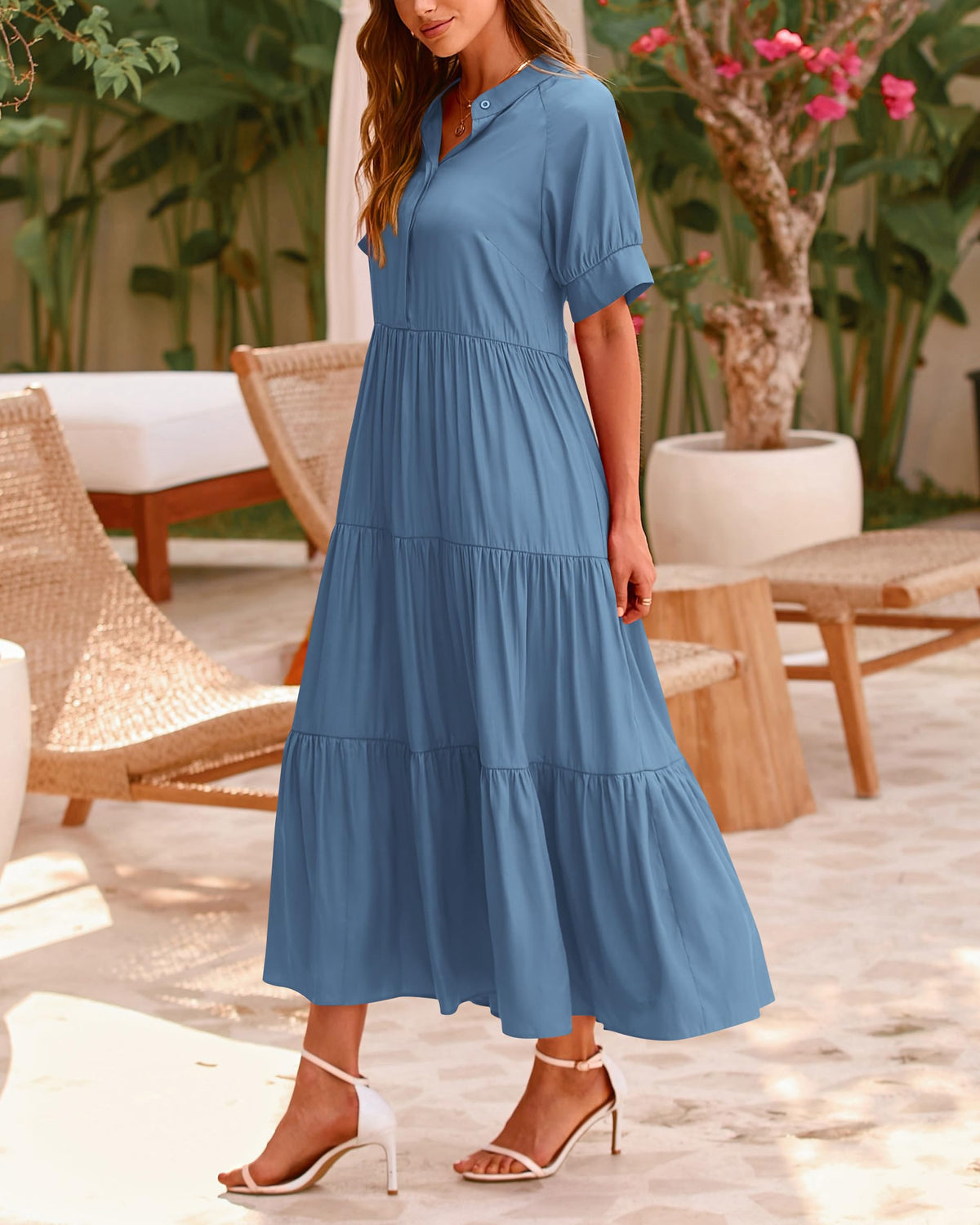 Lässiges, plissiertes, gestuftes Damen-Midikleid mit Kurzarm und Knopfleiste (2 kaufen, Versand gratis)