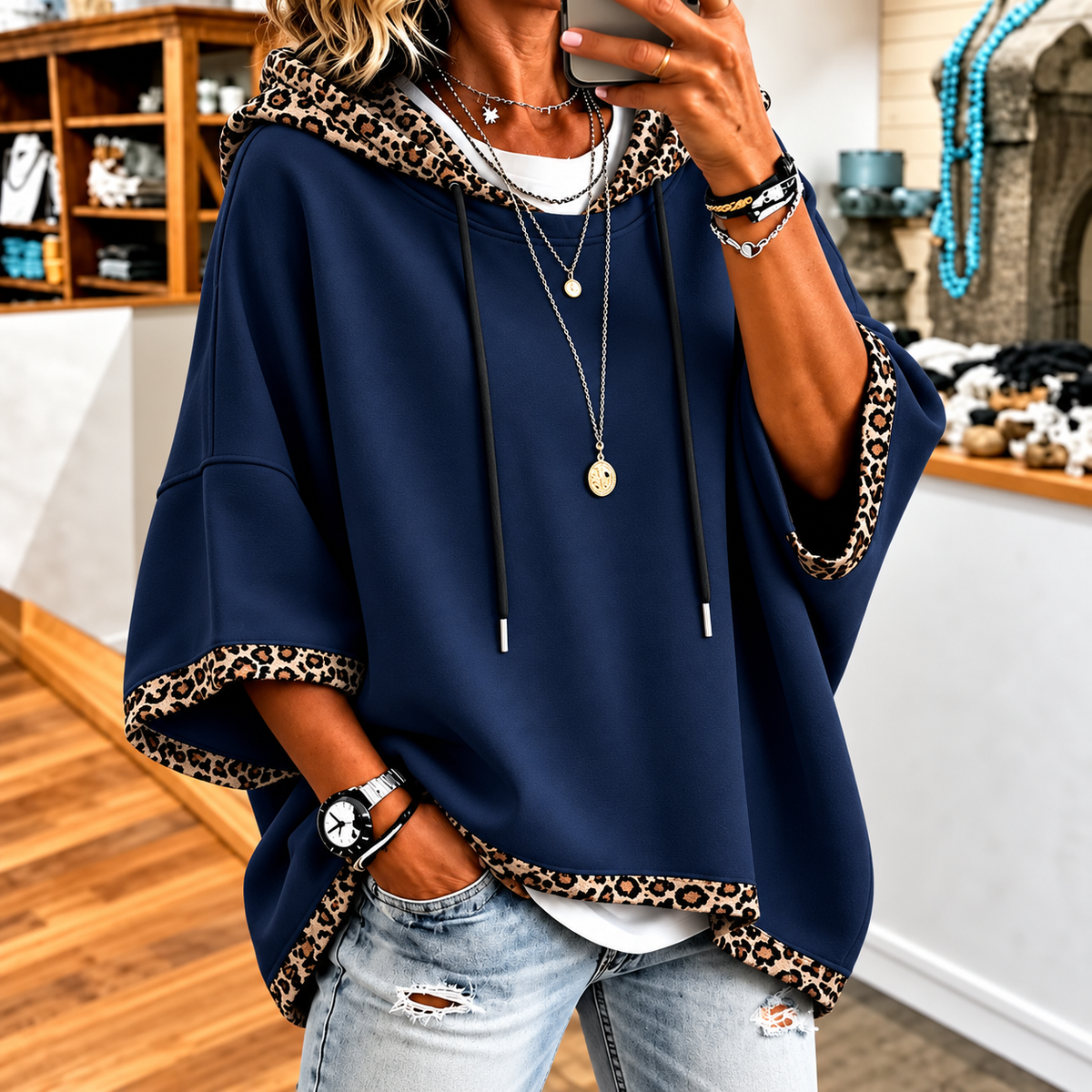 Damen-Hoodie mit Leopardenbesatz – Lässig geschnittenes Sweatshirt mit Kordelzug