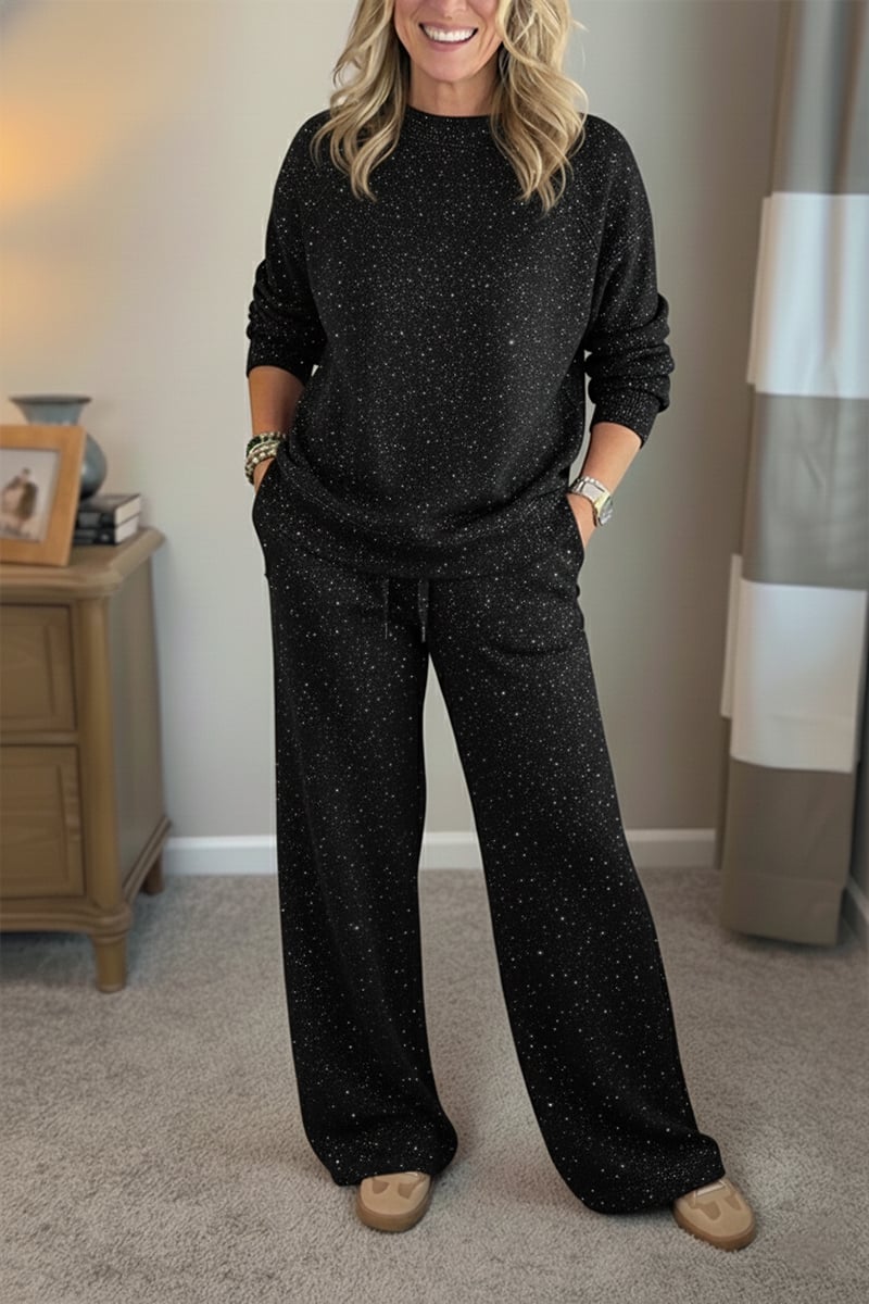 🎄 Neu eingetroffen!🔥 Kuscheliger Reise-Sweatshirt mit Rundhalsausschnitt und glänzende Hose, 2-teiliges Set