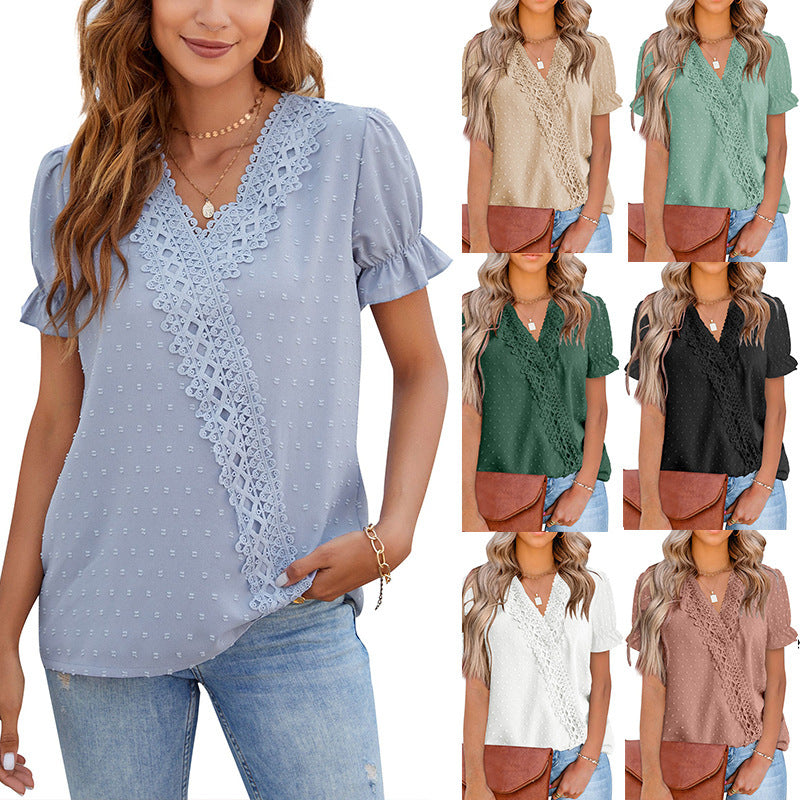 Chiffon-Bluse mit Spitzenkugel, V-Ausschnitt und kurzen Ärmeln