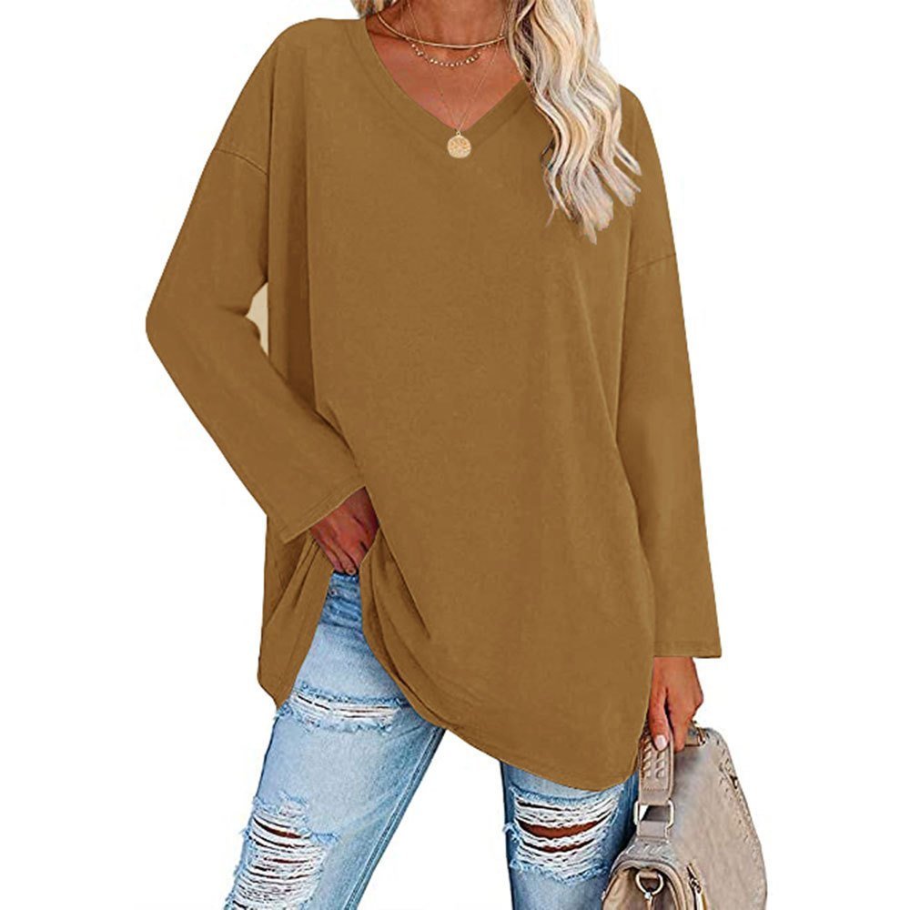 Locker geschnittenes Damen-Langarm-Modetop mit V-Ausschnitt (3 kaufen, kostenloser Versand)