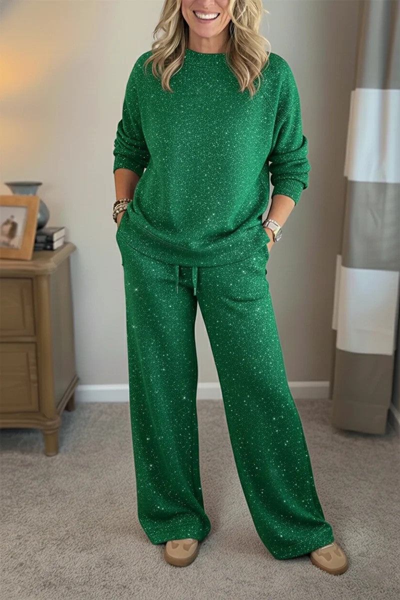 🎄 Neu eingetroffen!🔥 Kuscheliger Reise-Sweatshirt mit Rundhalsausschnitt und glänzende Hose, 2-teiliges Set