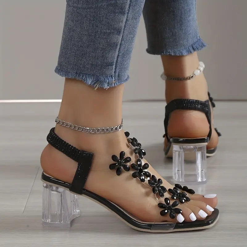 Damen-Sandalen mit Blumen-Strass und Blockabsatz