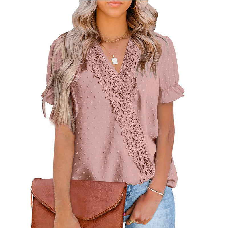 Chiffon-Bluse mit Spitzenkugel, V-Ausschnitt und kurzen Ärmeln