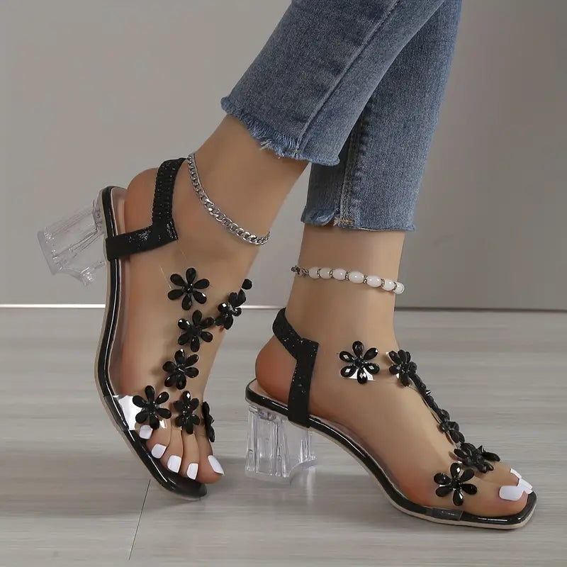 Damen-Sandalen mit Blumen-Strass und Blockabsatz
