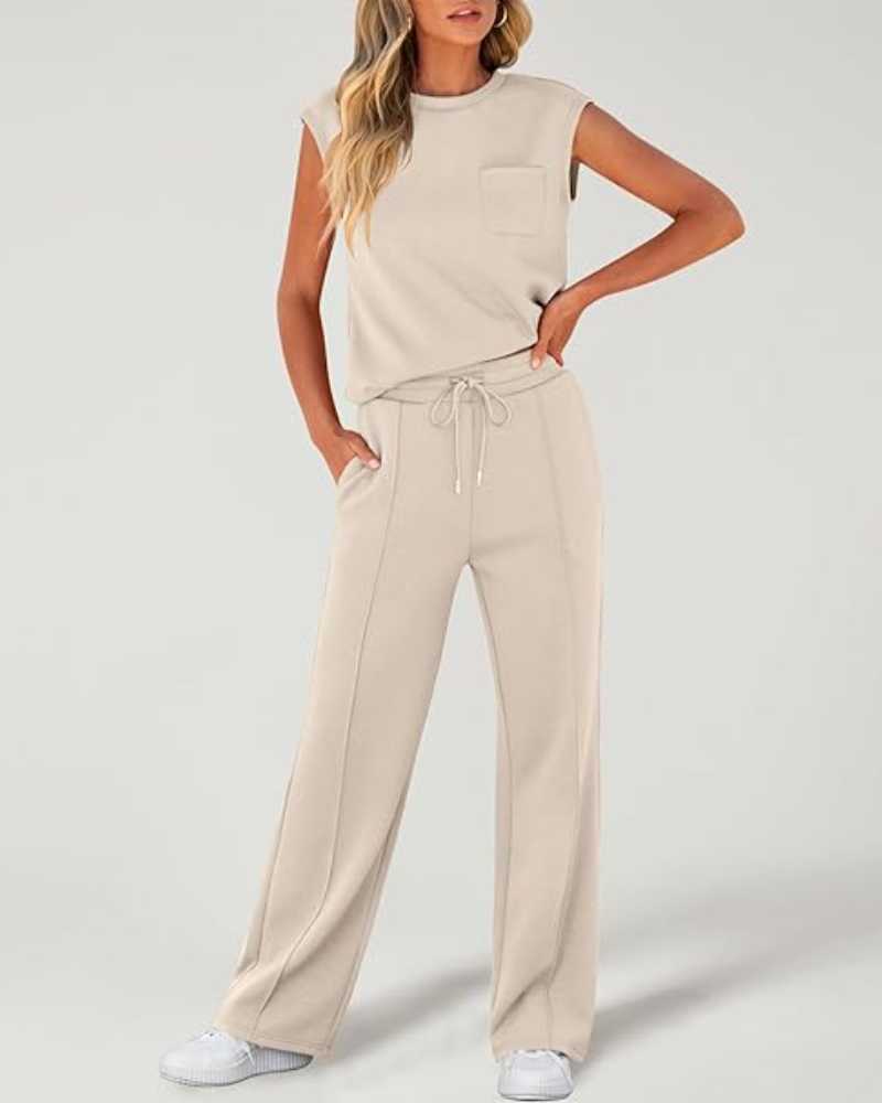 Damen-Tanktop und Hose mit weitem Bein und Kordelzug, zweiteiliges Set