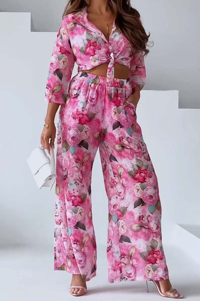 Ensemble deux pièces décontracté pour femme avec pantalon ample à imprimé floral