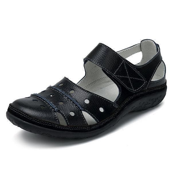 Flache Damen-Ledersandalen mit Hohlhaken