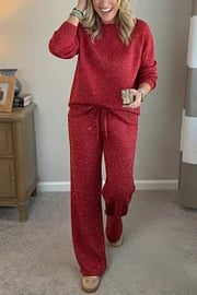 🎄 Neu eingetroffen!🔥 Kuscheliger Reise-Sweatshirt mit Rundhalsausschnitt und glänzende Hose, 2-teiliges Set