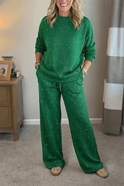🎄 Neu eingetroffen!🔥 Kuscheliger Reise-Sweatshirt mit Rundhalsausschnitt und glänzende Hose, 2-teiliges Set